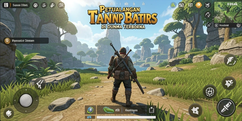 Screenshot menunjukkan pemain menjelajahi dunia terbuka yang menawan.