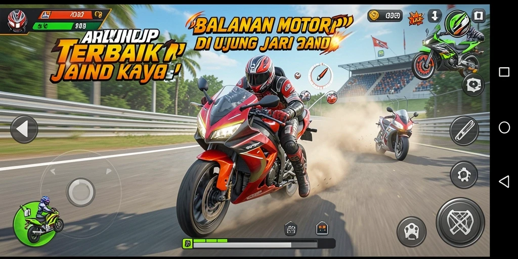 Screenshot gameplay menampilkan balapan motor yang mendebarkan.