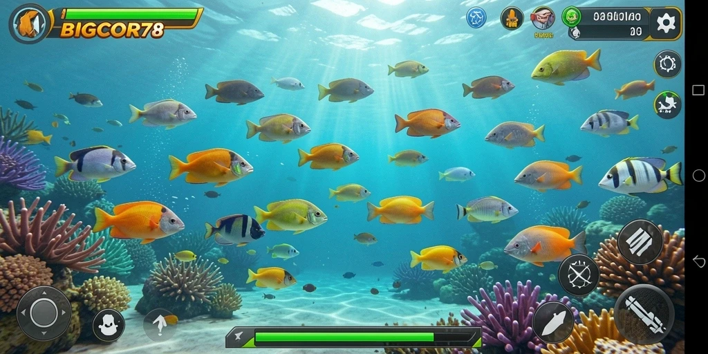 Tampilan gameplay seru dari BIGCOR78 dengan aksi menembak ikan.