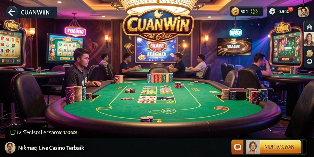 Screenshot gameplay CUANWIN menampilkan dealer langsung yang berinteraksi dengan pemain.