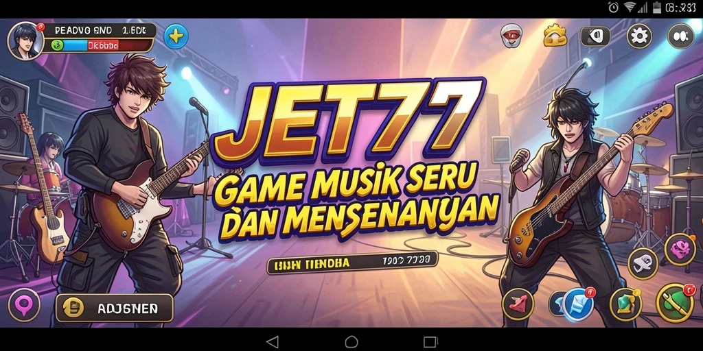 Screenshot utama JET77 menampilkan gameplay musik yang seru.