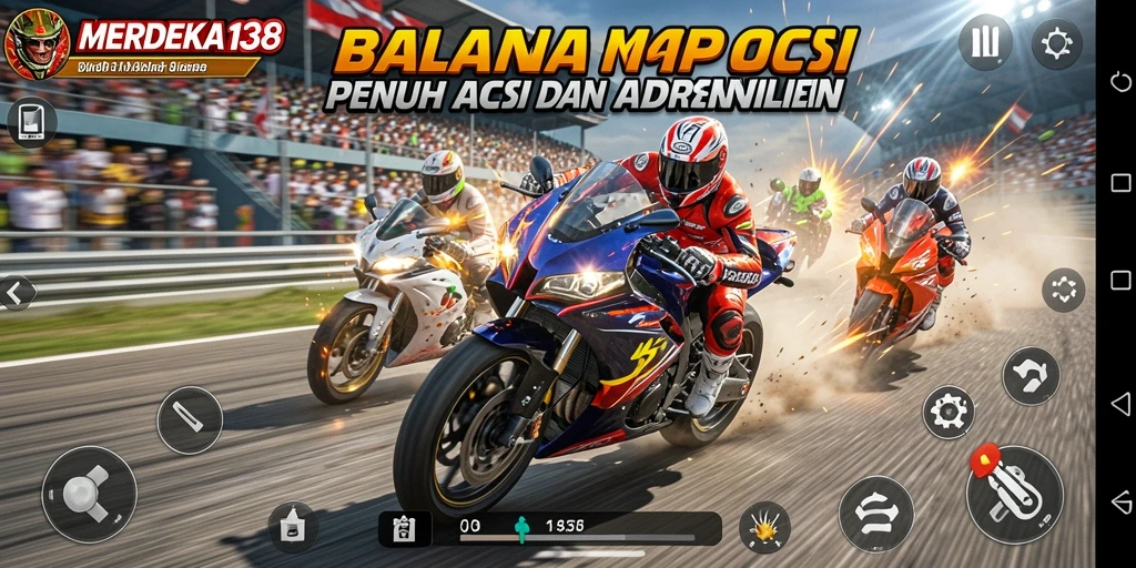 Tampilan utama gameplay MERDEKA138 menunjukkan balapan motor yang seru dan mendebarkan.