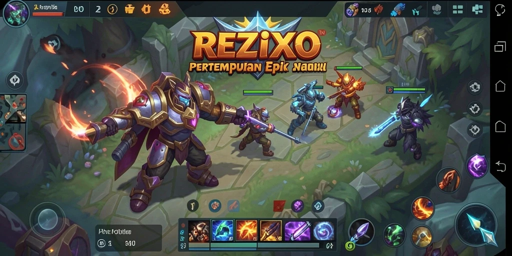 Tampilan gameplay seru dalam REZIXO yang menghadirkan aksi MOBA menyenangkan.
